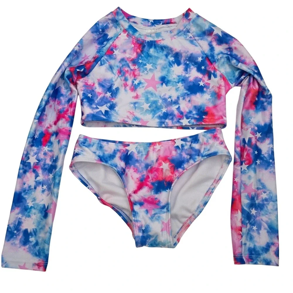 Cat & Jack Girl Star Tie Dye Long Sleeve Rash Guard Two Piece Swimsuit S 6/7 NWT